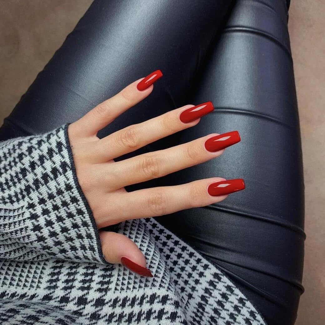 KQueenest Long Square Glossy Red Coffin Press On Nails 24 Piece Set - Image 3