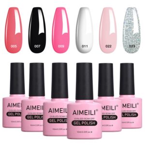 AIMEILI Valentine's Day Gel Nail Polish Set, French Tips White Gel Nail Polish Kit Clear Nude Pink Glitter Black Gel Polish Set Of 6pcs X 10ml - Kit Set 1