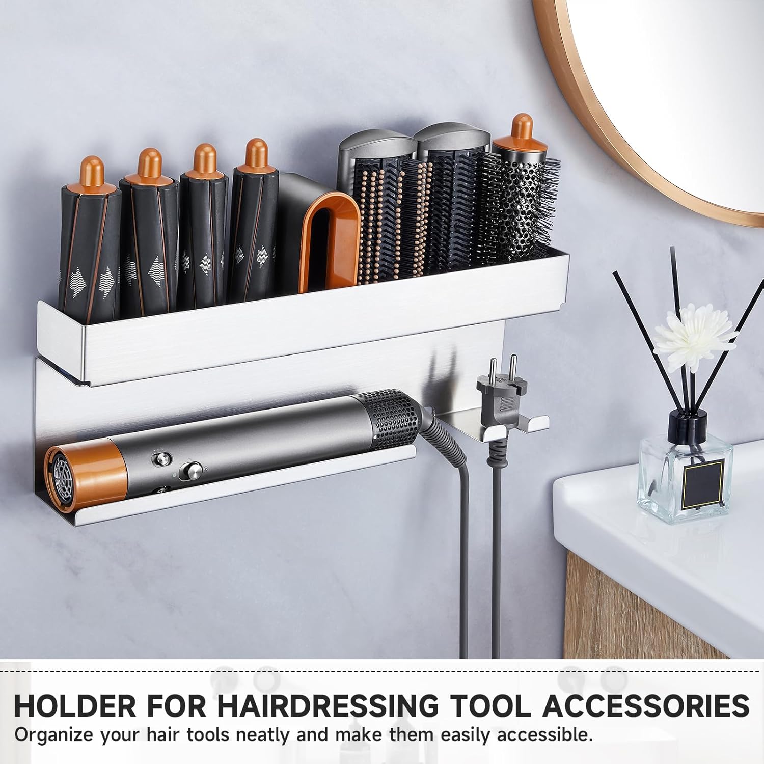 Storage Hair Dryer Holder for Curling Iron Wands Accessories, Hair Straightener Holder, Wall Mount Hair Tool Organizer for Styler Attachments,Stainless Steel Curling Iron Holder Organizer for Bathroom - Image 2