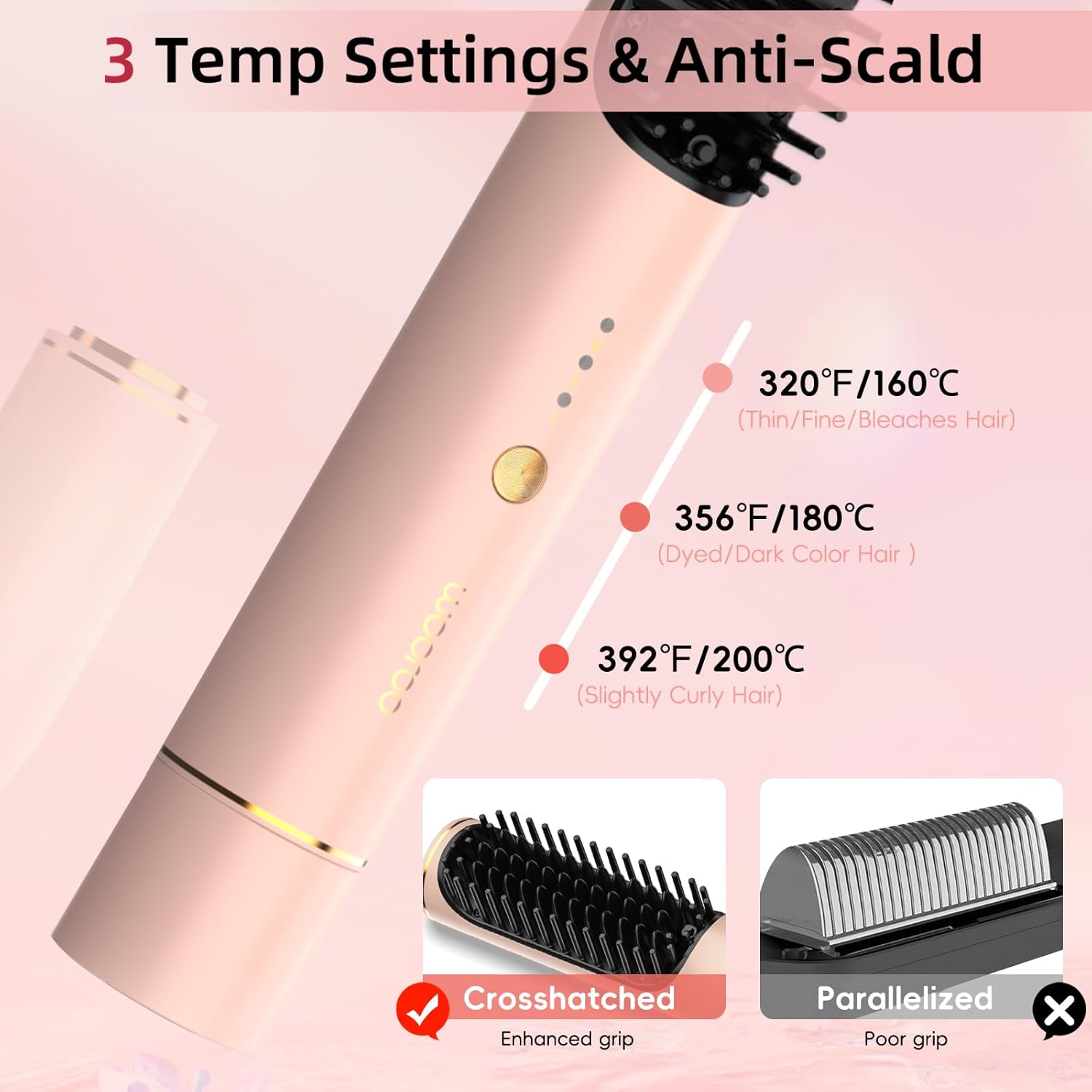 Portable Cordless Ceramic Hair Straightener Brush, Pink, Fast Charging, Dual Power, Travel Friendly - Image 4