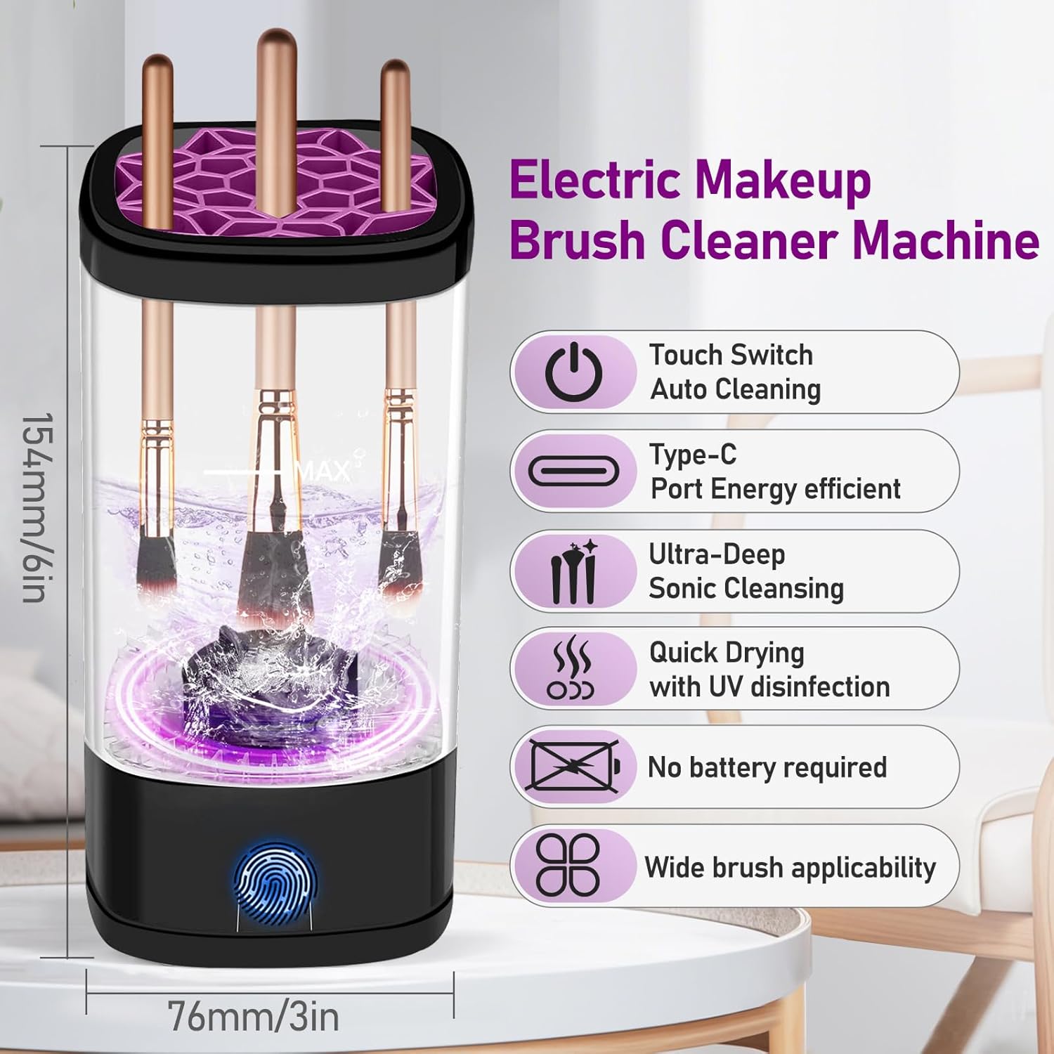 Electric Makeup Brush Cleaner for All Brush Types, Portable Automatic Cleaning and Drying Solution, Black - Image 3