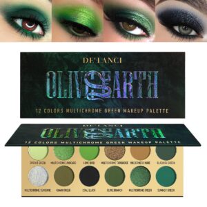 Glitter Olive Green 12 Colors Eyeshadow Pallete, DE'LANCI Ultra-Pigmented Multichrome Green Makeup, Matte Shimmer Dark Emerald Brown Eye Shadow for Festival, Cosplay Halloween St. Patrick's Day Makeup