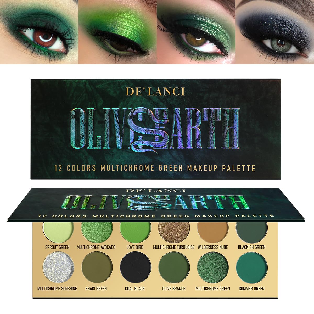 Glitter Olive Green 12 Colors Eyeshadow Pallete, DE'LANCI Ultra-Pigmented Multichrome Green Makeup, Matte Shimmer Dark Emerald Brown Eye Shadow for Festival, Cosplay Halloween St. Patrick's Day Makeup