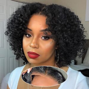 Wear and Go Glueless Wigs Human Hair Pre Plucked Pre Cut Bob 4x4 Curly Wave Lace Front Wig 180% Density No Glue Human Hair Wigs for Black Women, Natural Black 1B, 8 Inch