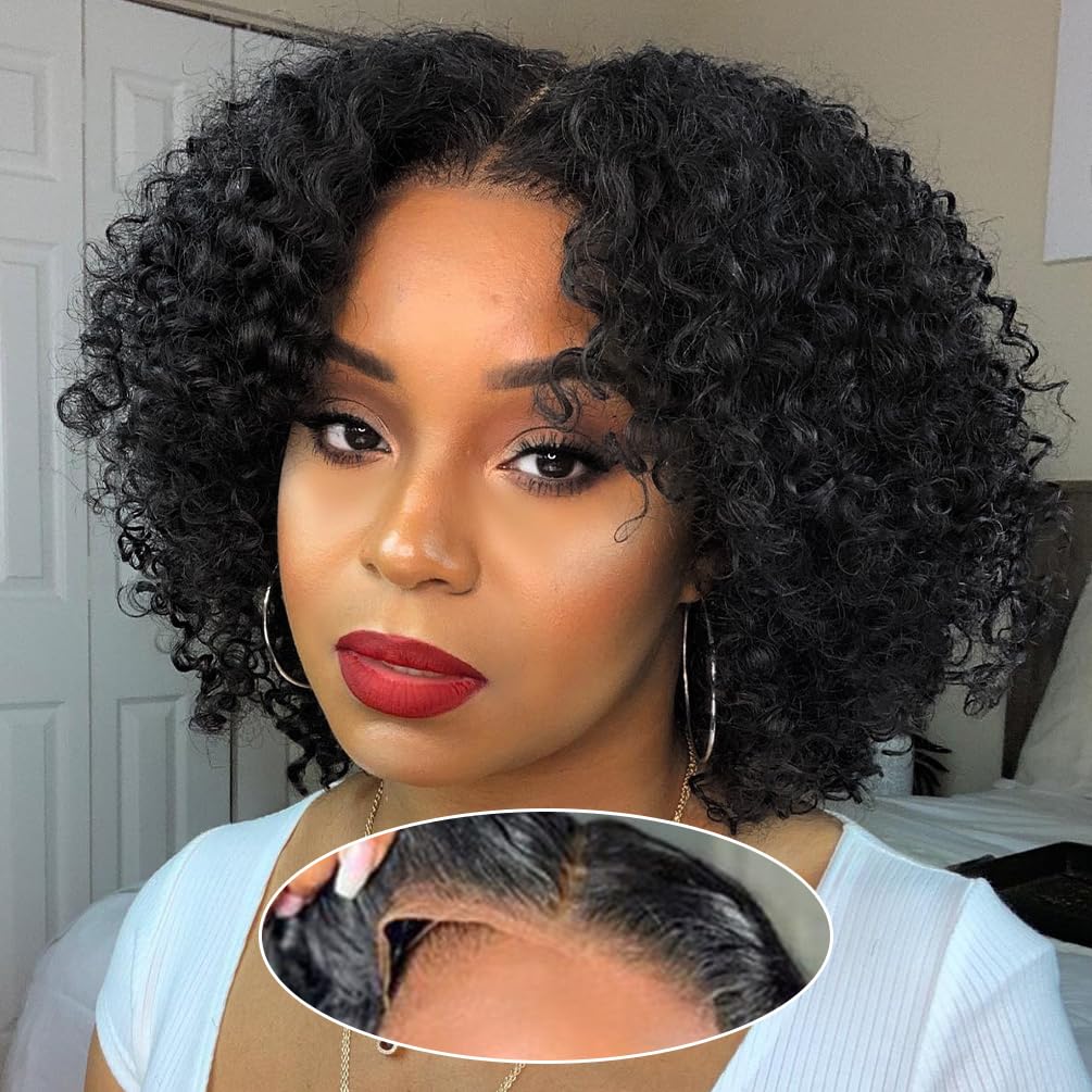 Wear and Go Glueless Wigs Human Hair Pre Plucked Pre Cut Bob 4x4 Curly Wave Lace Front Wig 180% Density No Glue Human Hair Wigs for Black Women, Natural Black 1B, 8 Inch