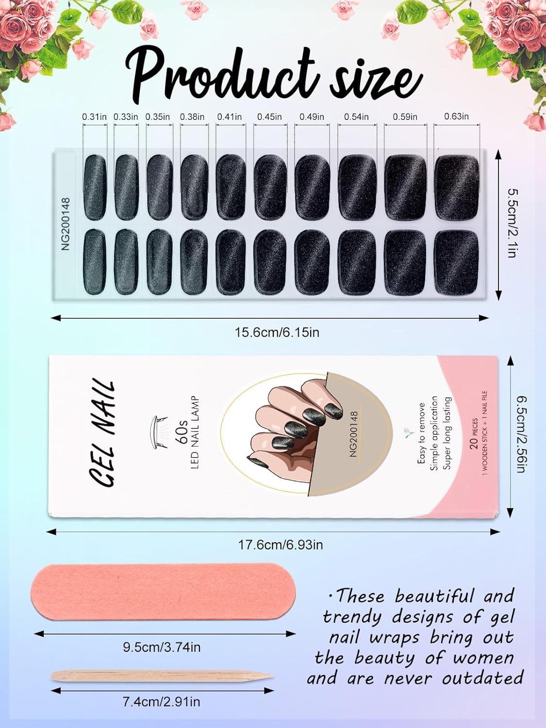 Kalolary Cat Eye Black Gel Nail Wraps Full Art Polish Sticker Long-Lasting - Image 3