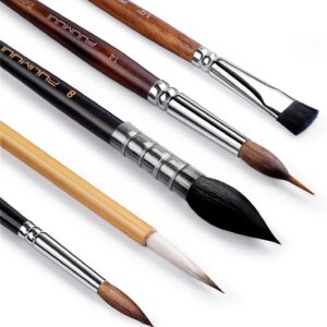 Watercolor Paint Brushes, 5pcs Fuumuui Professional Sable Brush, Wool & Synthetic Squirrel Brushes Set with Extended Needle, Round Point, Flat, Quill Wash Perfect for Watercolor Acrylic Gouache Inks