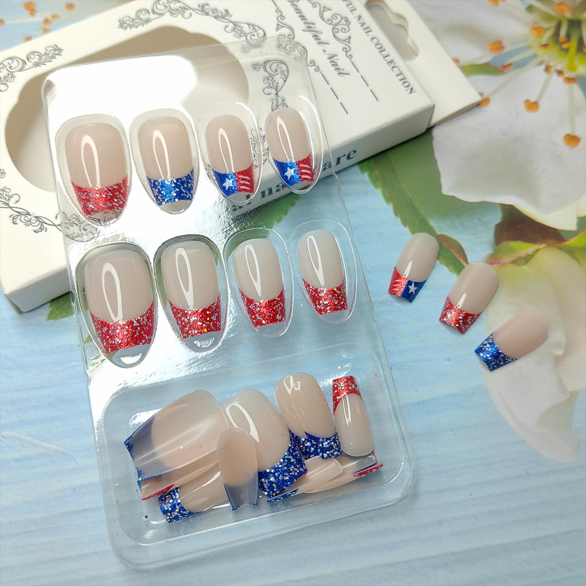 24Pcs Medium Square French Tip Press on Nails with Glitter for 4th of July Theme - Image 3