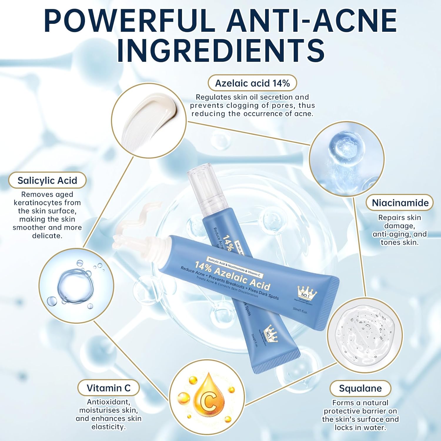 14% Azelaic Acid Acne Face Cream and Serum Set Hyaluronic Acid Niacinamide Squalane 2PCS All Skin Types - Image 2