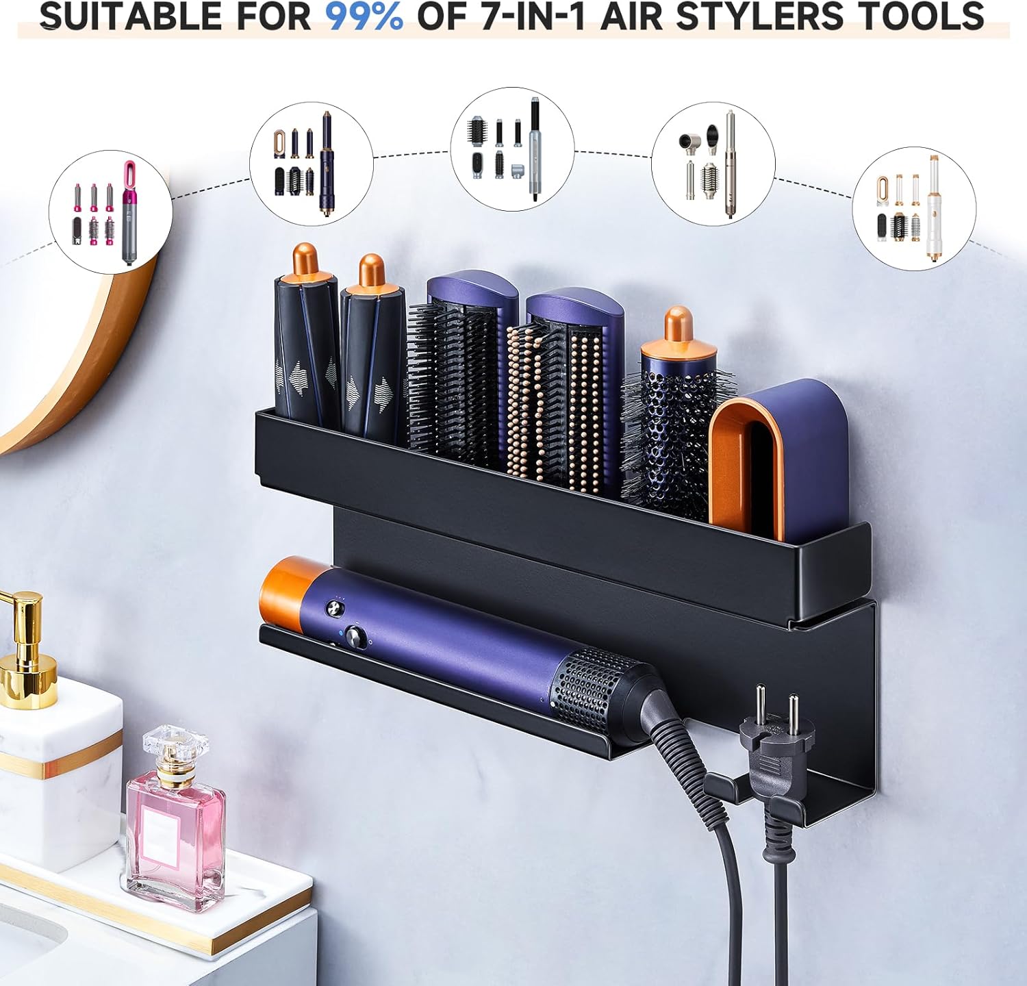 Black Wall-Mounted Hair Tool Organizer for Curling Iron and Hair Dryer Accessories - Image 4