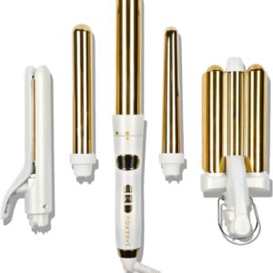 FoxyBae 5-in-1 Interchangeable Hair Tools Set - 1" Flat Iron Hair Straightener, 3 Barrels Hair Crimper, 3 Ceramic Curling Wands 0.75"-1.25", Salon Grade Waver & Curler (Pearl White - Gold)