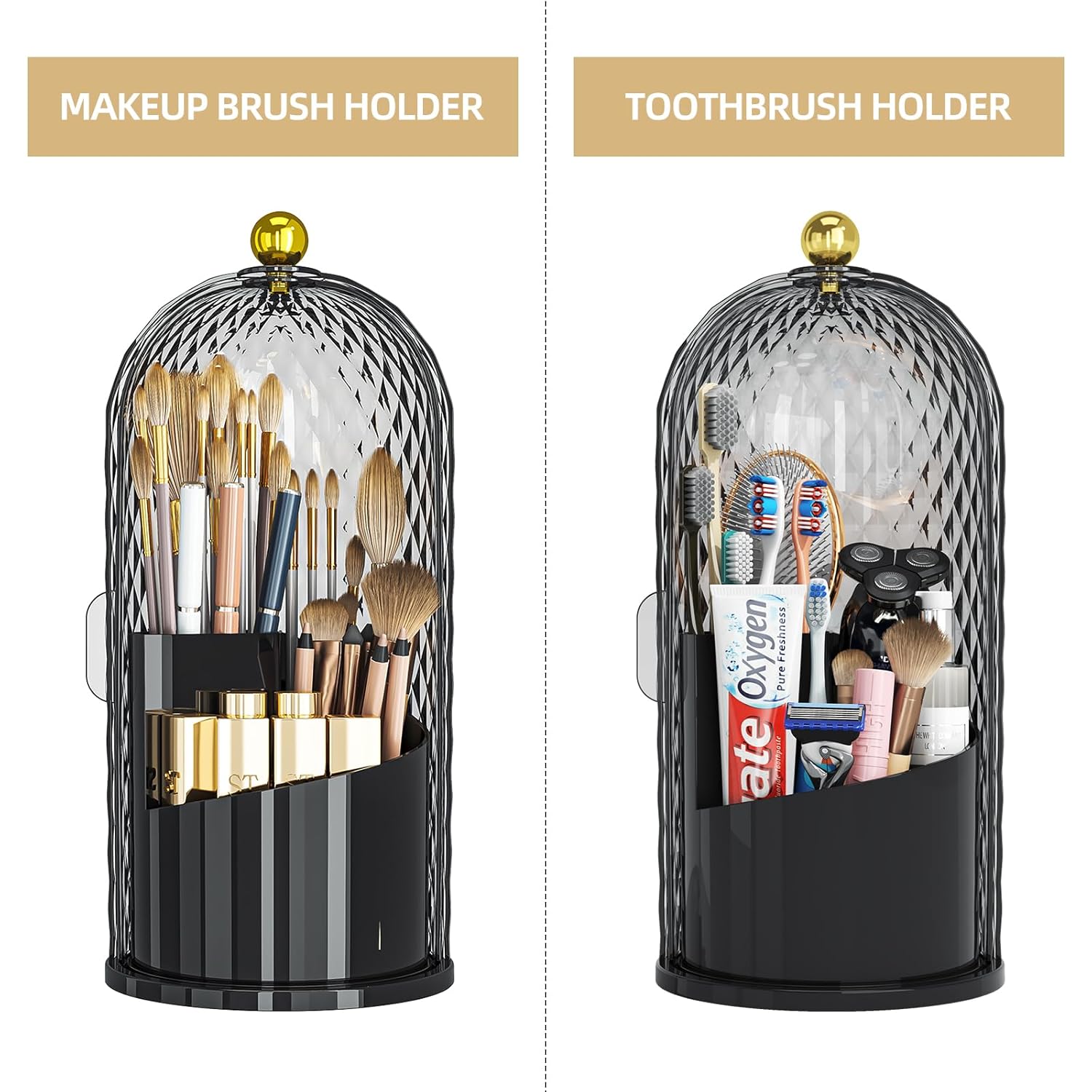 360 Rotating Makeup Brush Holder Organizer with Dustproof Lid for Vanity Black - Image 3