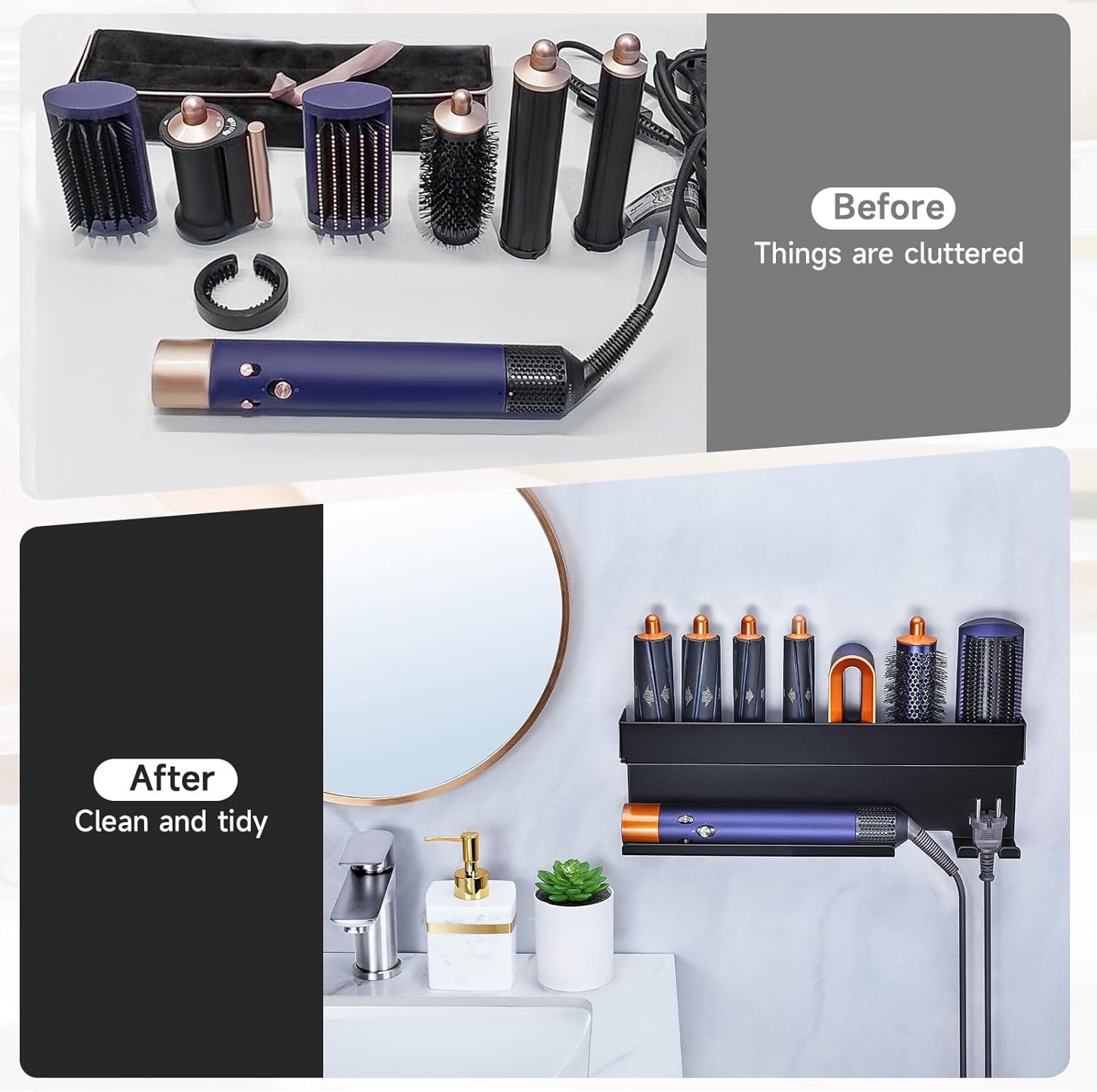 Black Wall-Mounted Hair Tool Organizer for Curling Iron and Hair Dryer Accessories - Image 9