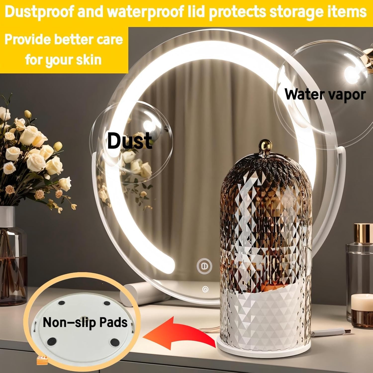 White 360 Rotating Makeup Brush Holder with Lid, Waterproof Vanity Storage Box - Image 5