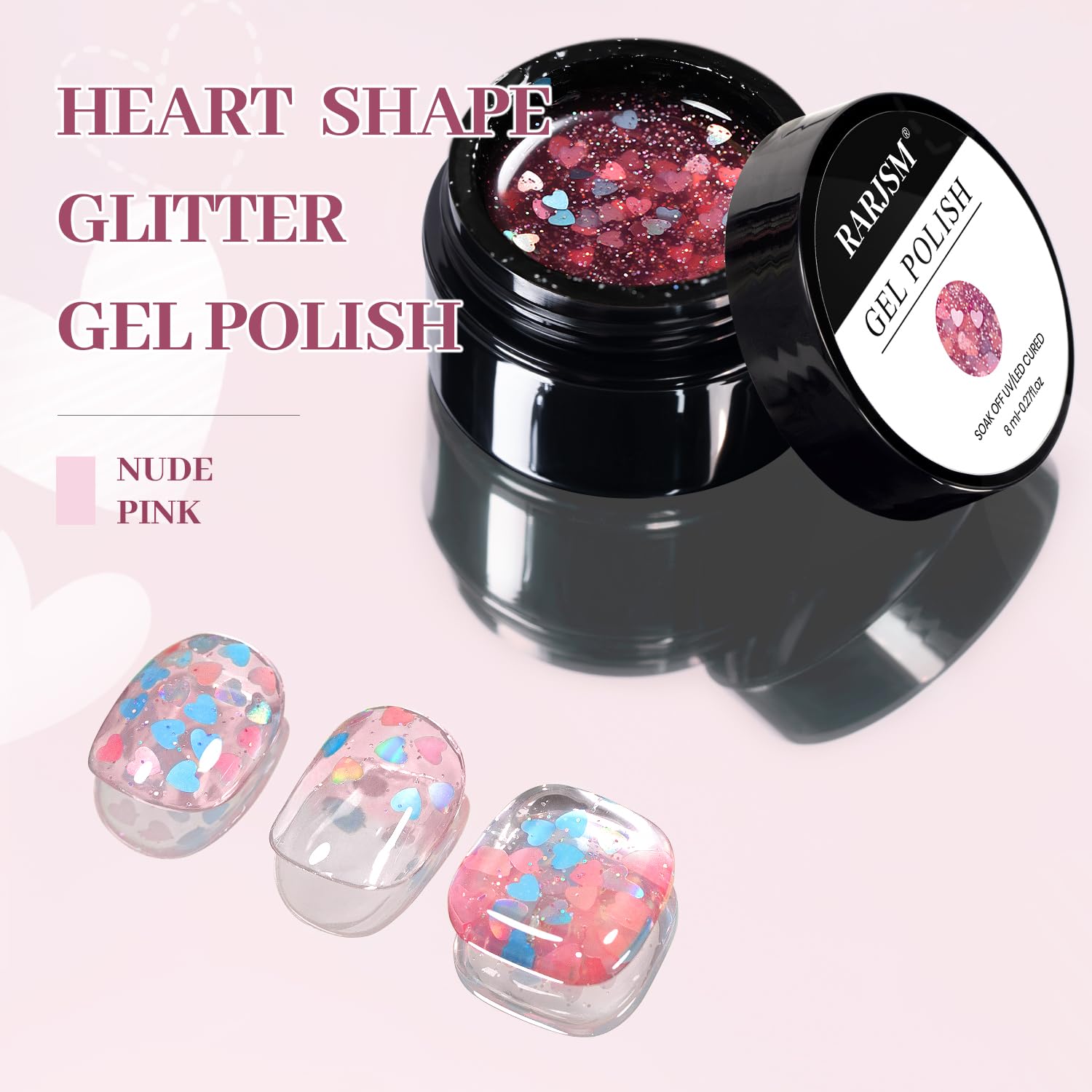 RARJSM 8ml Nude Clear Pink Heart Glitter Gel Nail Polish with Holographic Shine - Image 4