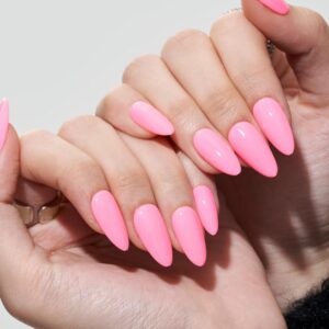 GLAMERMAID Press on Nails Medium Almond, Spring Summer Handmade Hot Pink Gel Glue on Nail, Glossy Short Stiletto Reusable UV Finish Fake Nails Acrylic False Nails Manicure Kits for Women