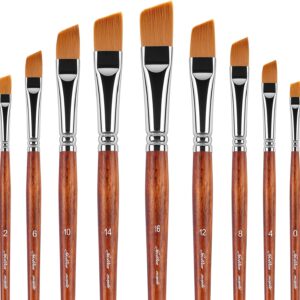 Golden Maple Angular Paint Brushes, 9PC Oblique Tip Nylon Hair Short Handle Artist Angled Paint Brushes Set for Acrylic, Watercolor, Gouache and Oil Painting, Bronze