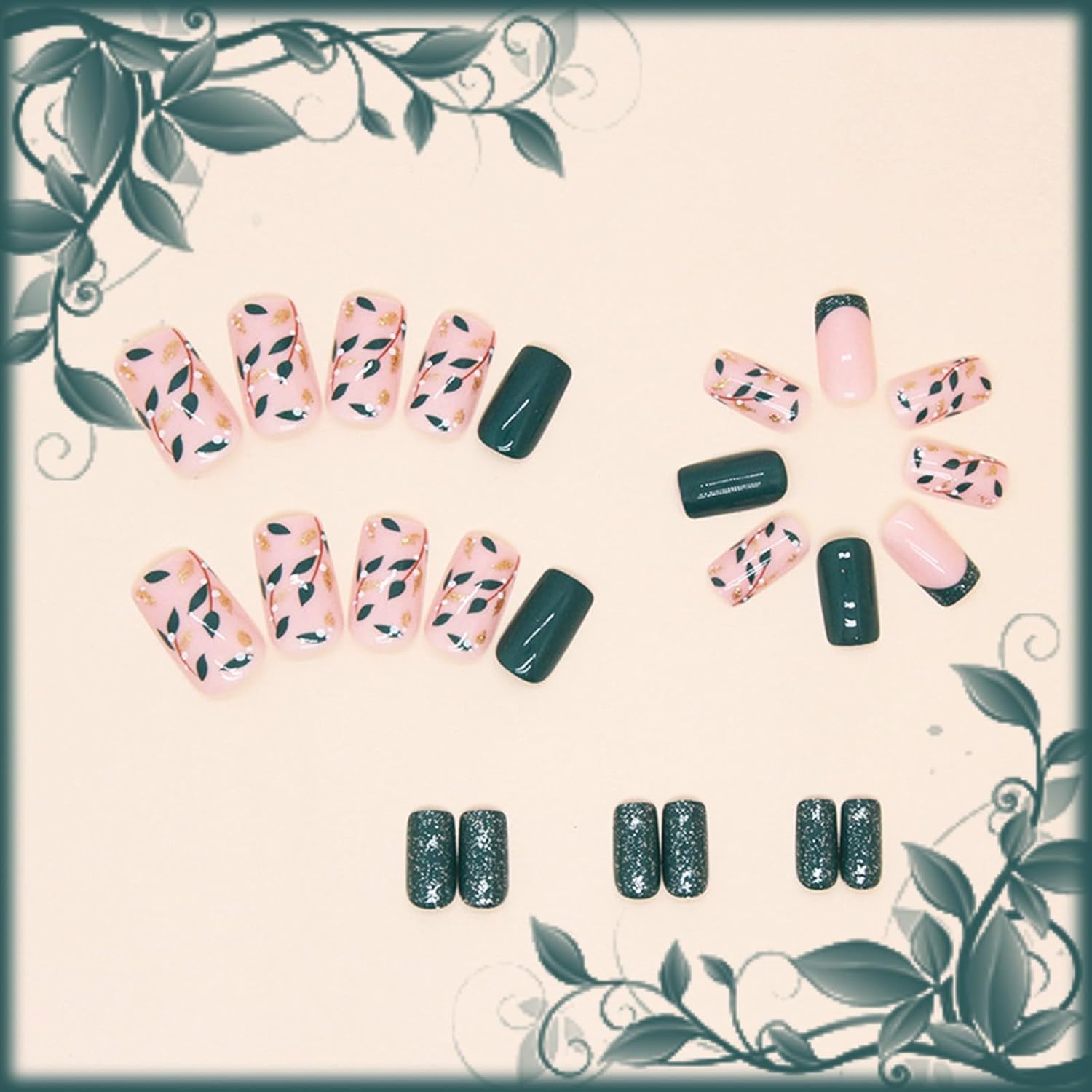24Pcs Short Coffin Press on Nails with Sparkly Leaves Design for Women and Girls - Image 4