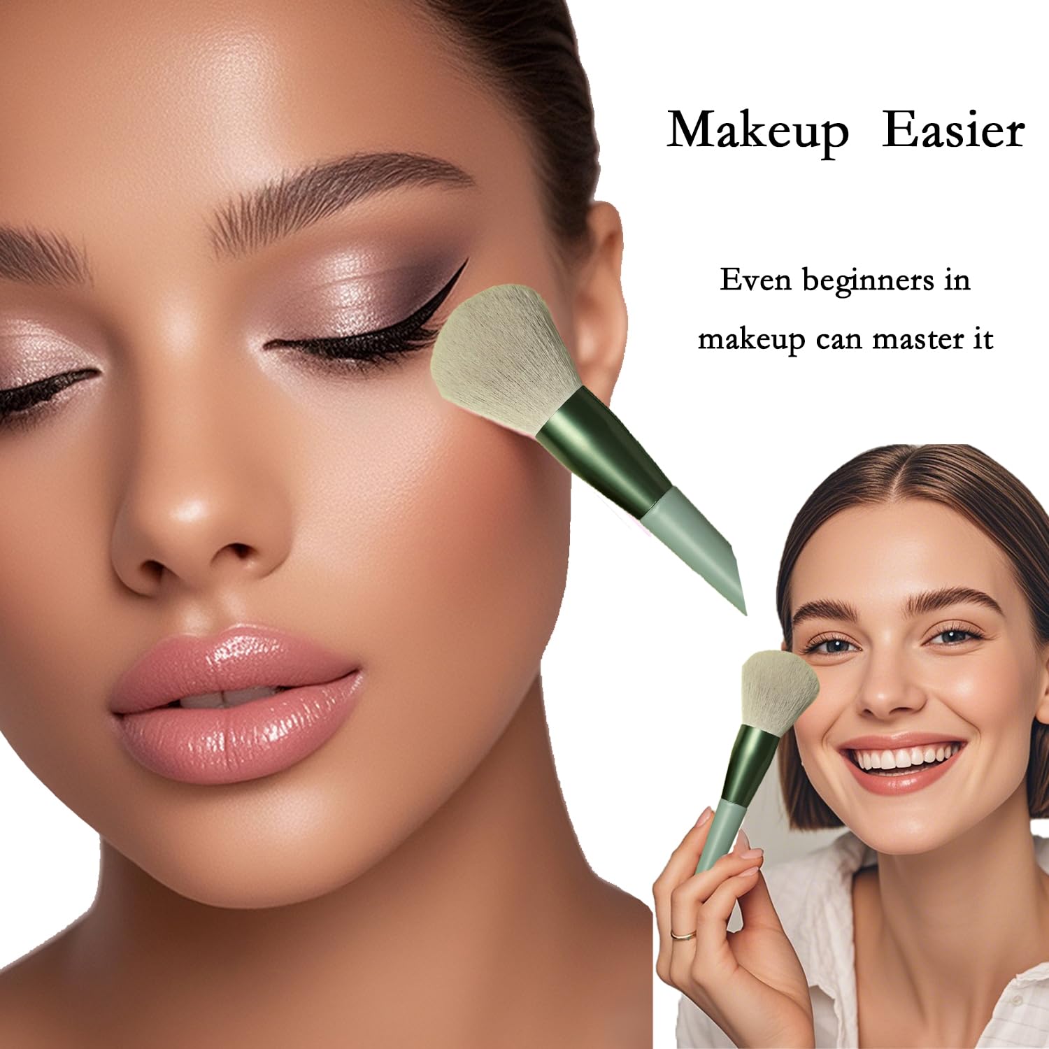 13-Piece Makeup Brush Set with Green Portable Bag for Foundation, Powder, and Blush - Image 4