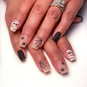 Halloween Press on Nails Short Square Halloween Fake Nails with Spiders Web Designs Full Cover Glue on Nails Zombie Spiders Halloween Acrylic False Nails for Women DIY Artificial Halloween Nails 24Pcs