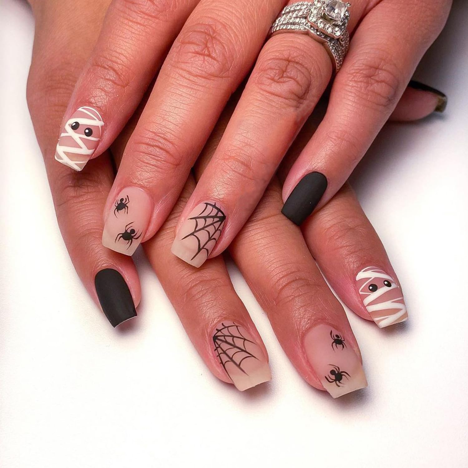 Halloween Press on Nails Short Square Halloween Fake Nails with Spiders Web Designs Full Cover Glue on Nails Zombie Spiders Halloween Acrylic False Nails for Women DIY Artificial Halloween Nails 24Pcs