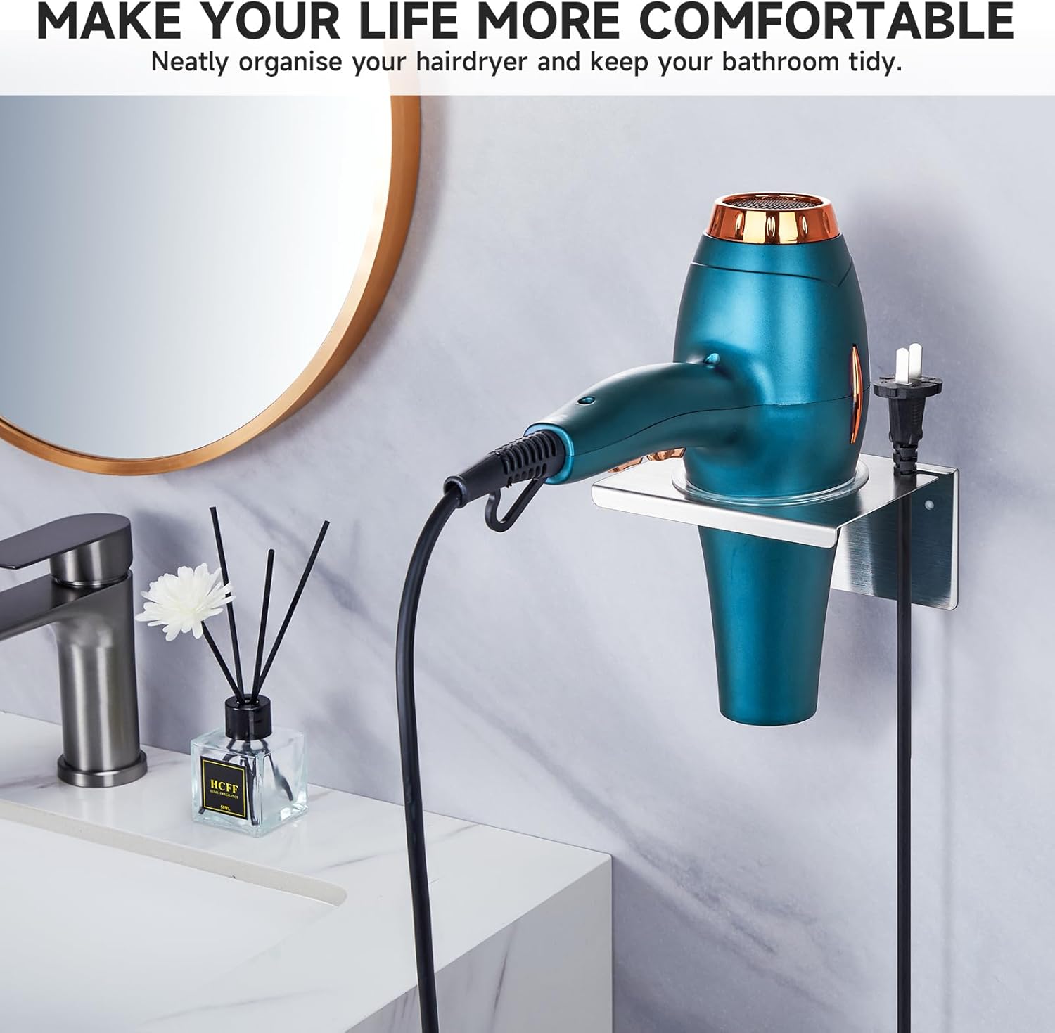 Stainless Steel Wall Mounted Hair Dryer Holder Organizer for Bathroom and Barber Shops - Image 2