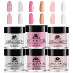 EBANKU Pink Acrylic Powder Set, 6 Colors Jelly Nude, Glitter White, Nail Extension Acrylic Powder for French Nail Carving, 6 * 10g/0.35oz