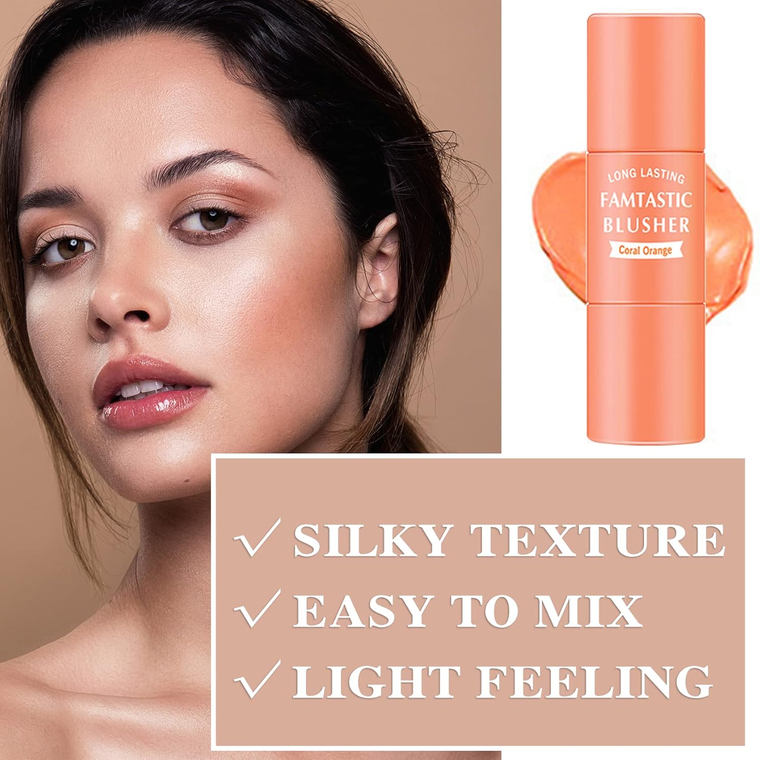 Waterproof Cream Blush Stick with Built-in Brush 0.35 oz Coral Orange - Image 3