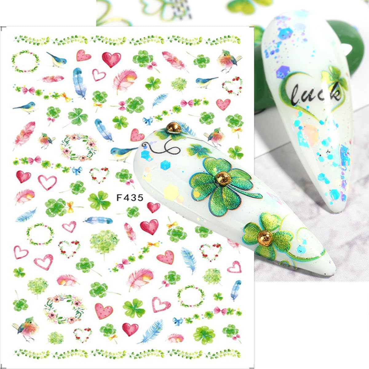 8 Sheets of St Patrick’s Day Nail Art Stickers with 3D Shamrock and Clover Designs - Image 6