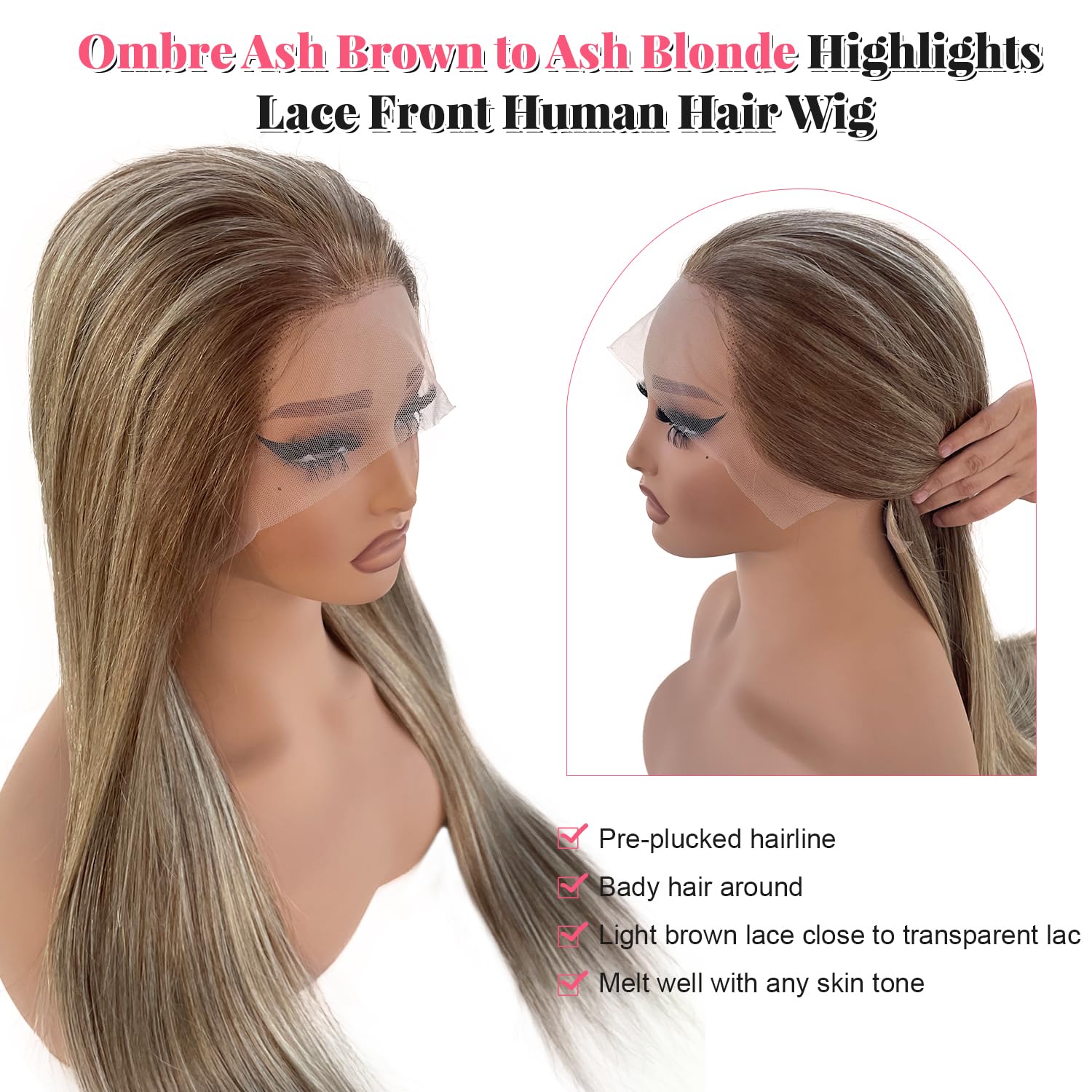 Smartinnov 24-Inch Ash Blonde Human Hair Wig Balayage Highlights Lace Front 150% Density - Image 2