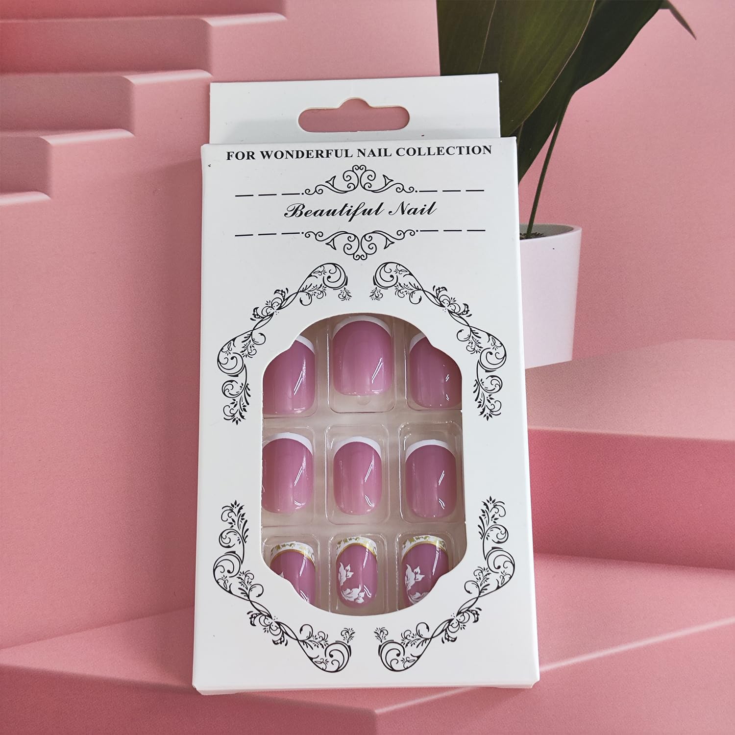 Reusable White French Tip Press on Nails with Butterfly Glitter Short Square 24 Pcs - Image 6