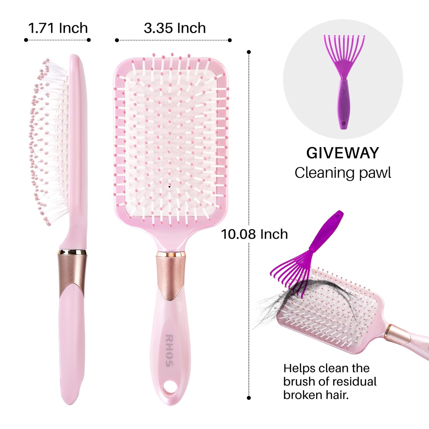 RHOS Paddle Brush for Thick, Curly, Long Hair - Detangler with Nylon Bristles - Pink - Image 7