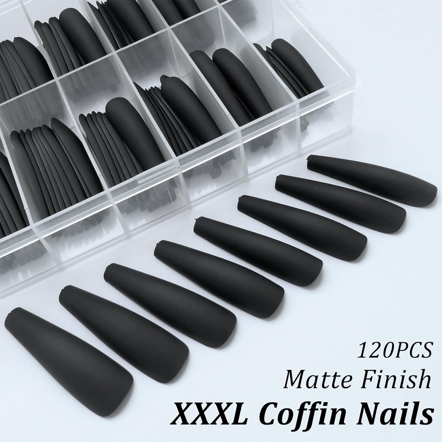 AddFavor XXL Black Matte Full Cover Acrylic Press On Nails 120 Pcs 12 Sizes - Image 3