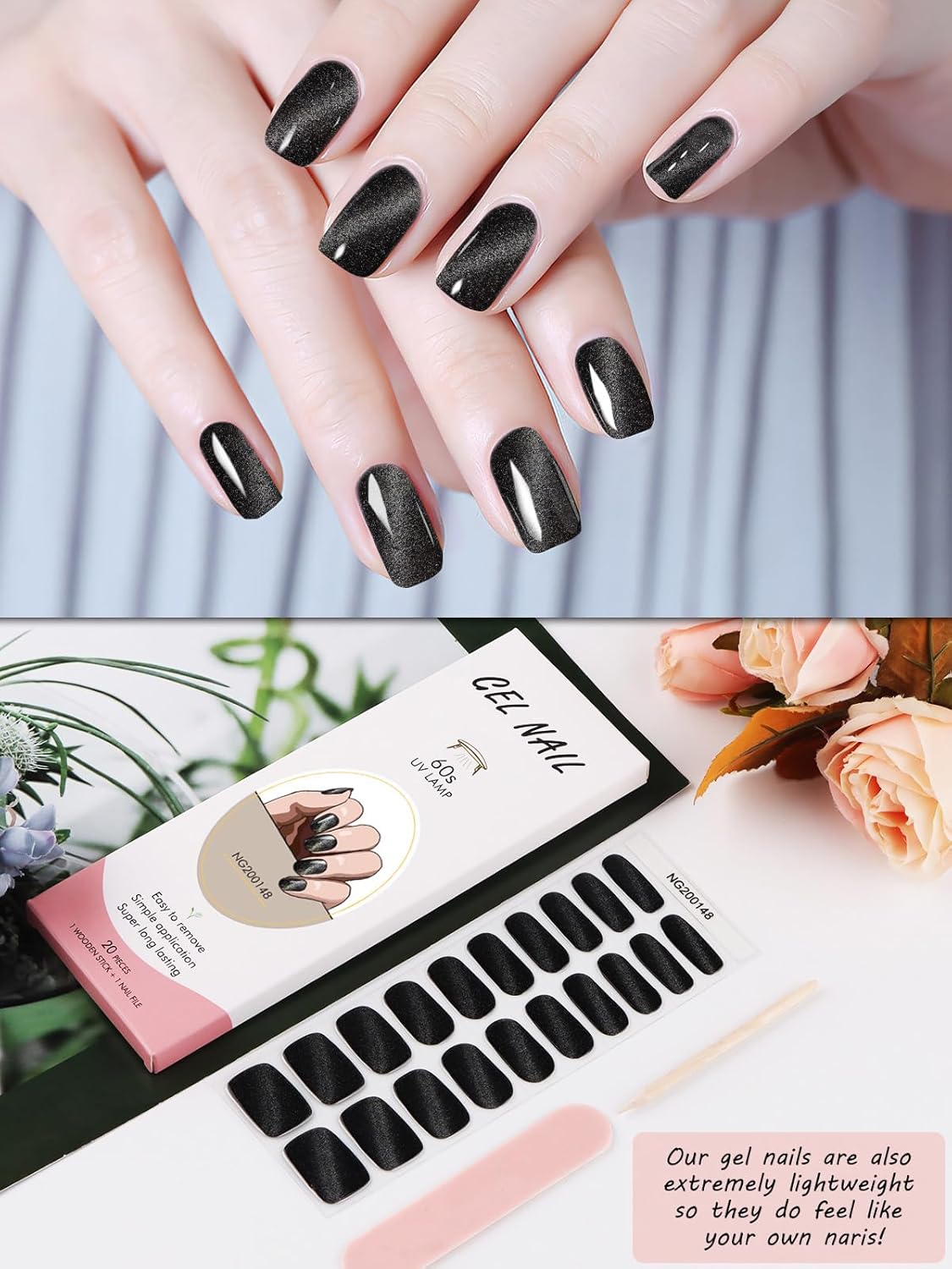 Kalolary Cat Eye Black Gel Nail Wraps Full Art Polish Sticker Long-Lasting - Image 5