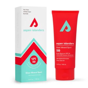 Sheer Mineral Sport Sunscreen Lotion SFP 50, Reef Safe, No White Cast Zinc | Face & Body | Anti-Aging | Non-Toxic | Water-Resistant | Eco-Friendly | Anti-Irritating (3.4 fl oz)