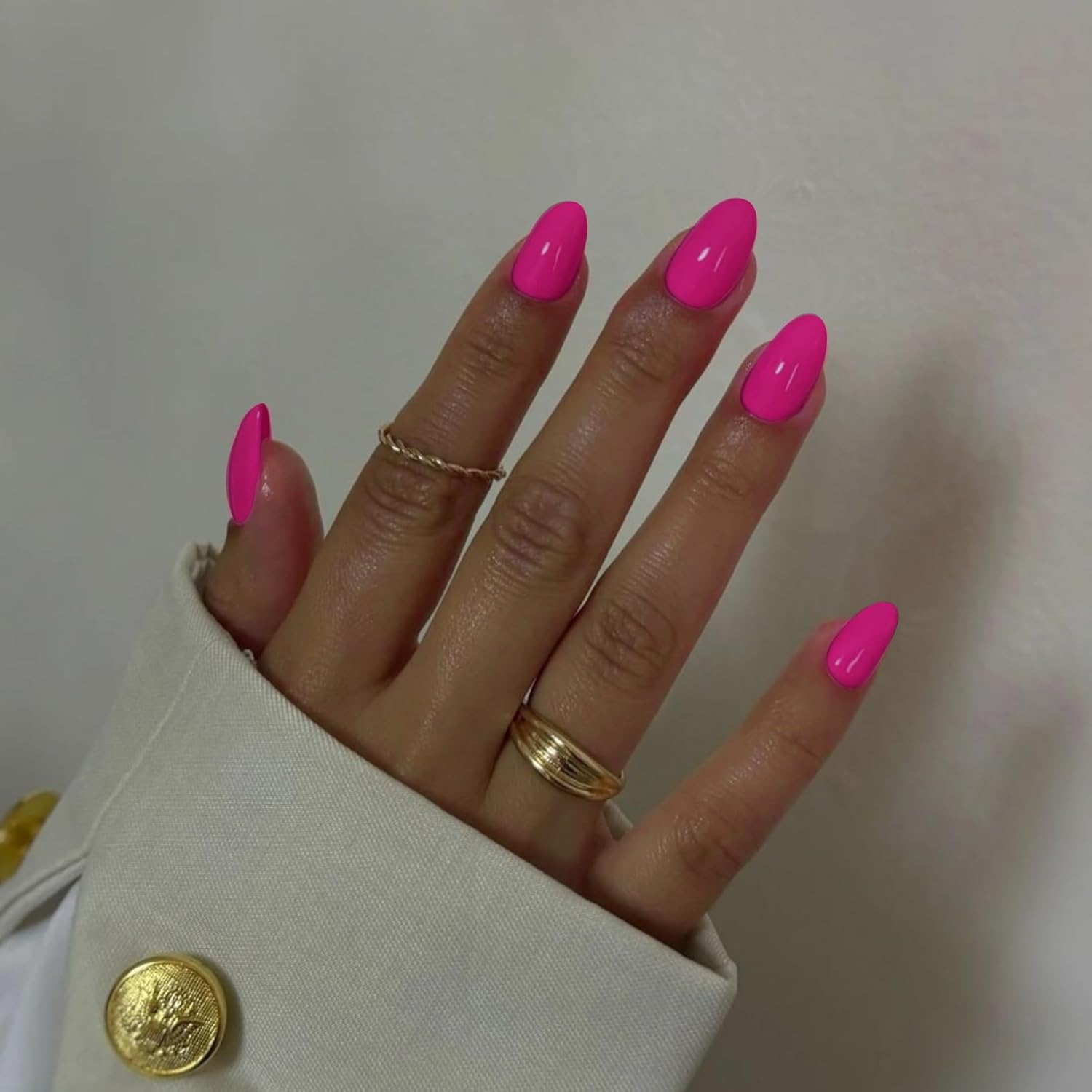 Hot Pink Neon Short Oval Round Press On Nails 24 Piece Set for Women - Image 3