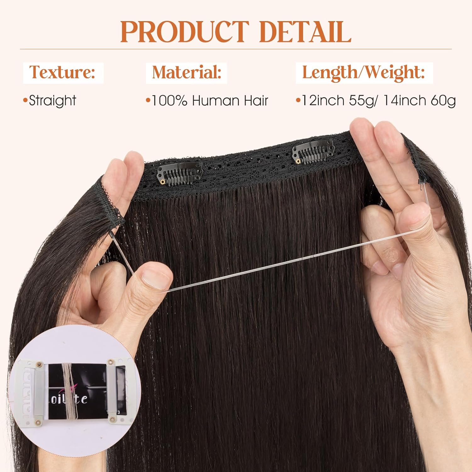 S-noilite 12inch Short Straight Halo Hair Extensions for Women in Natural Black - Image 2