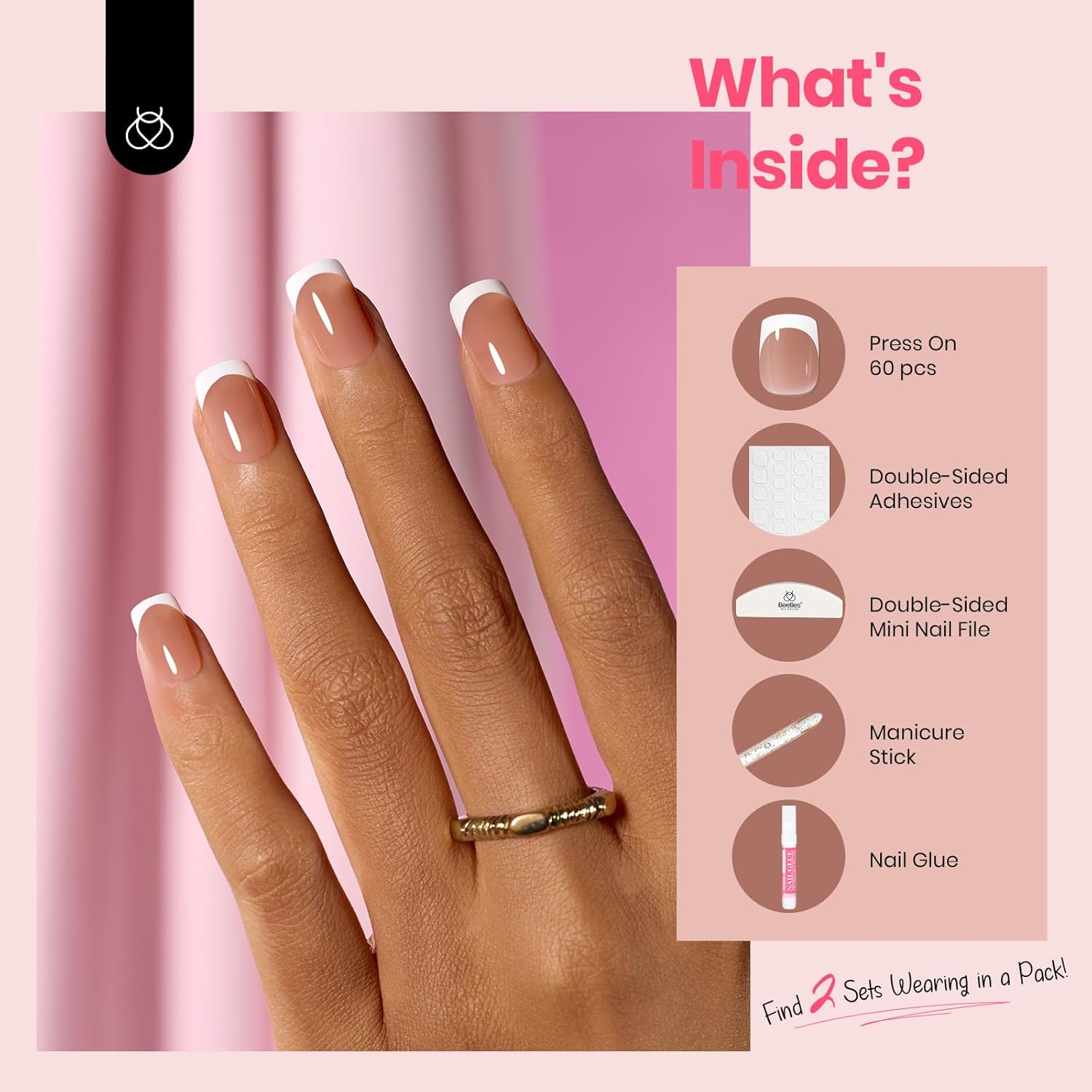 Beetles 60 Pc Brown French Tip Press On Nails - 15 Sizes, Reusable Acrylic - Image 3