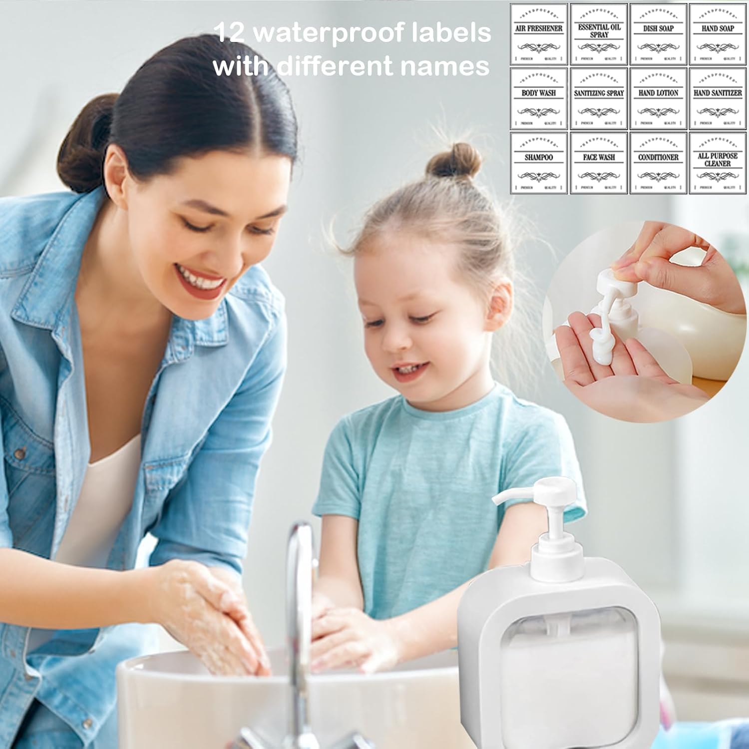 White Refillable 10 Oz Soap Dispenser for Bathroom Kitchen with Waterproof Label - Image 6