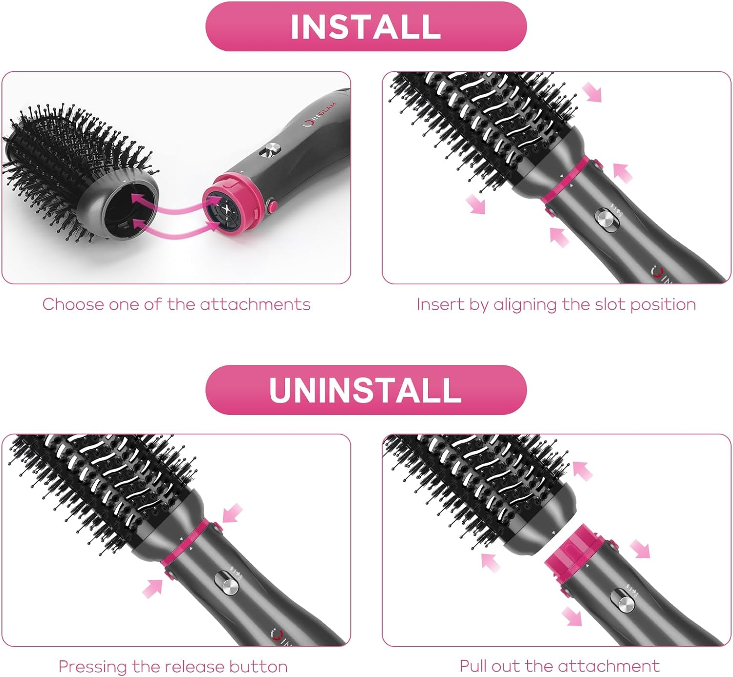 IG INGLAM 4-in-1 Gray Hot Air Brush and Volumizer with 2 Detachable Brush Heads - Image 3