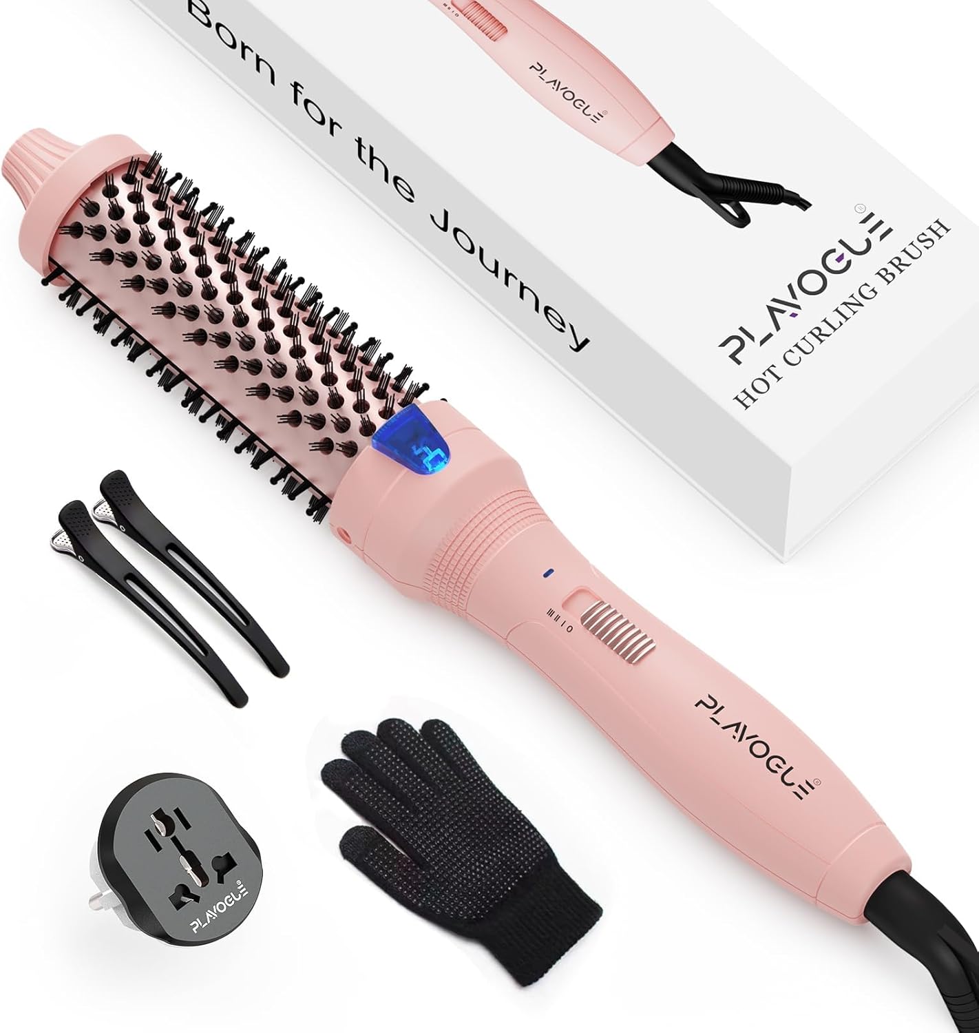 Plavogue Dual Voltage Thermal Curler, 1.5 Inch Round Brush for Curling, Smoothing, Volumizing, Fast Heating for Women All Hair Types with Travel Adapter, Gloves & Clips