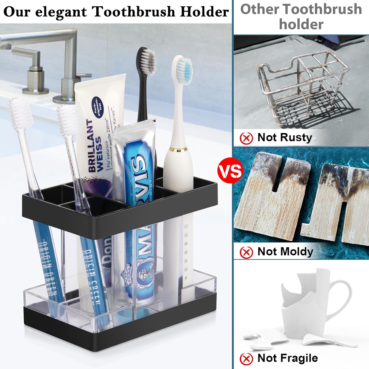 Toothbrush Holder Set for Bathroom Countertop Organizer with 5 Slots for Family Kids Black - Image 3
