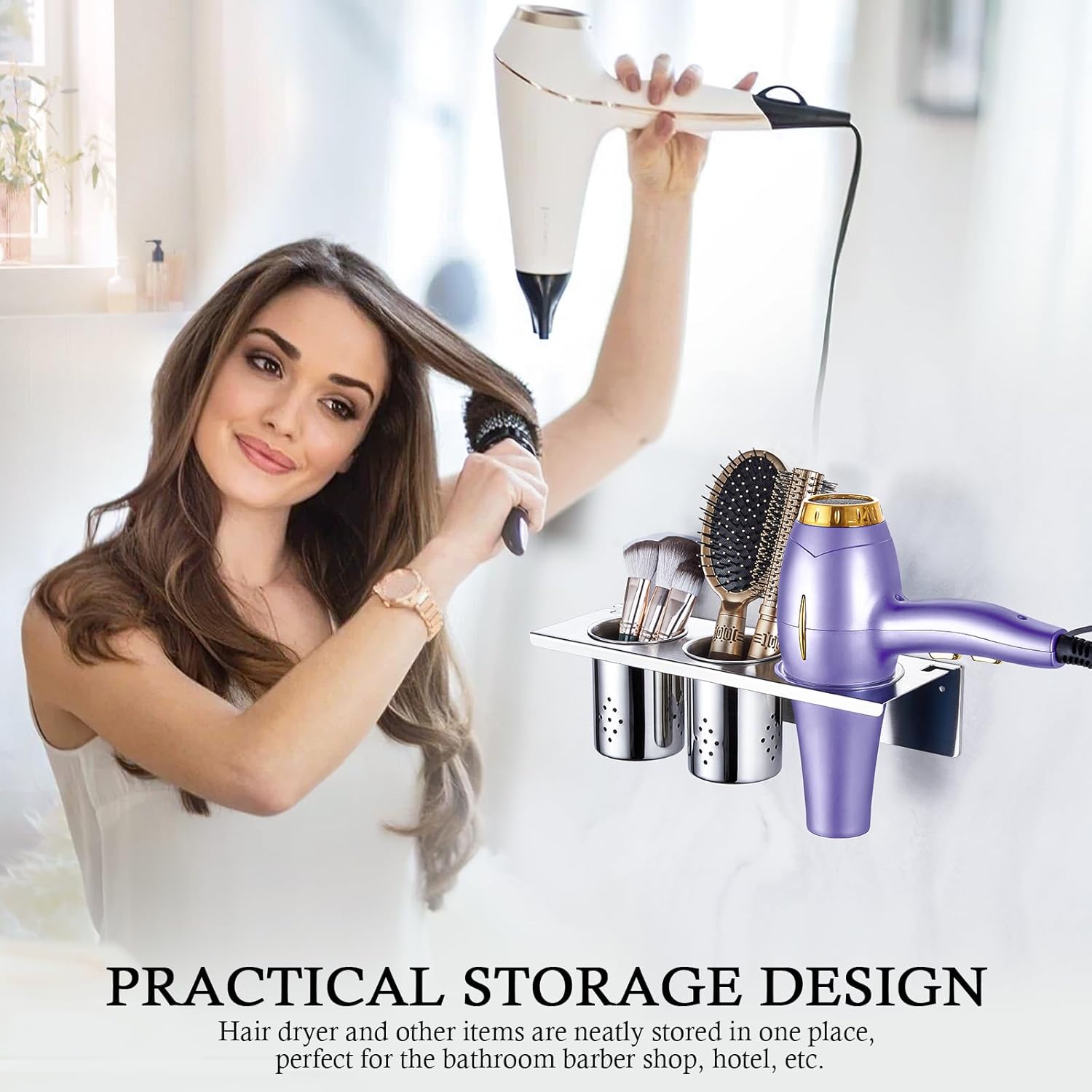 Wall Mounted Hair Tool Organizer with 2 Cups for Blow Dryer, Straighteners, and Curling Irons - Image 7