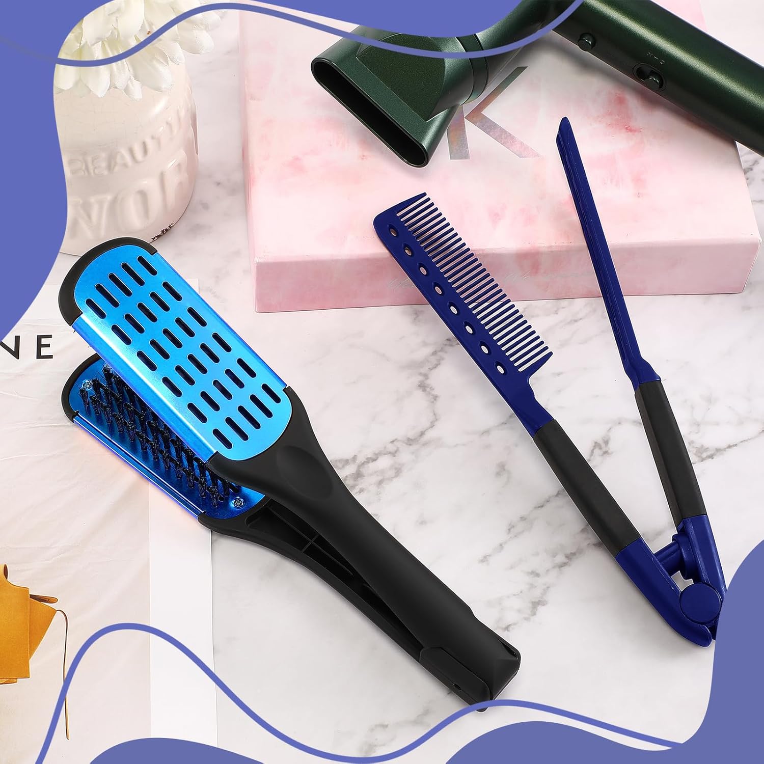 CHENGU 2-Piece Hair Straightening Comb Set, Boar Bristle, Double-Sided, Blue and Black - Image 7