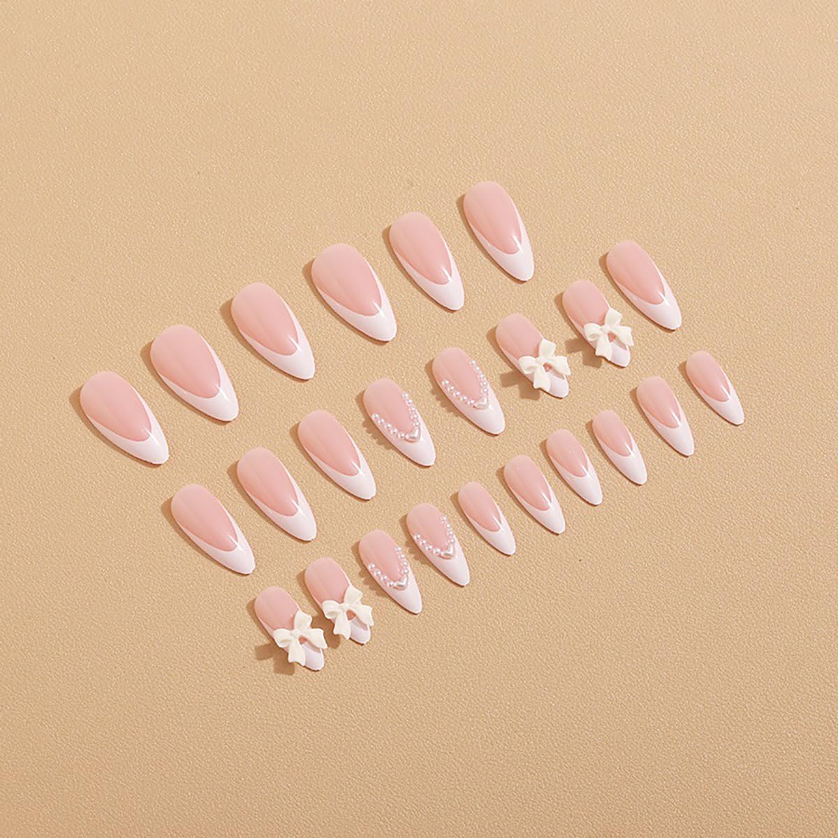 24-Piece Medium Almond White French Tip Press-On Nails with Pearl and Bow Accents - Image 3