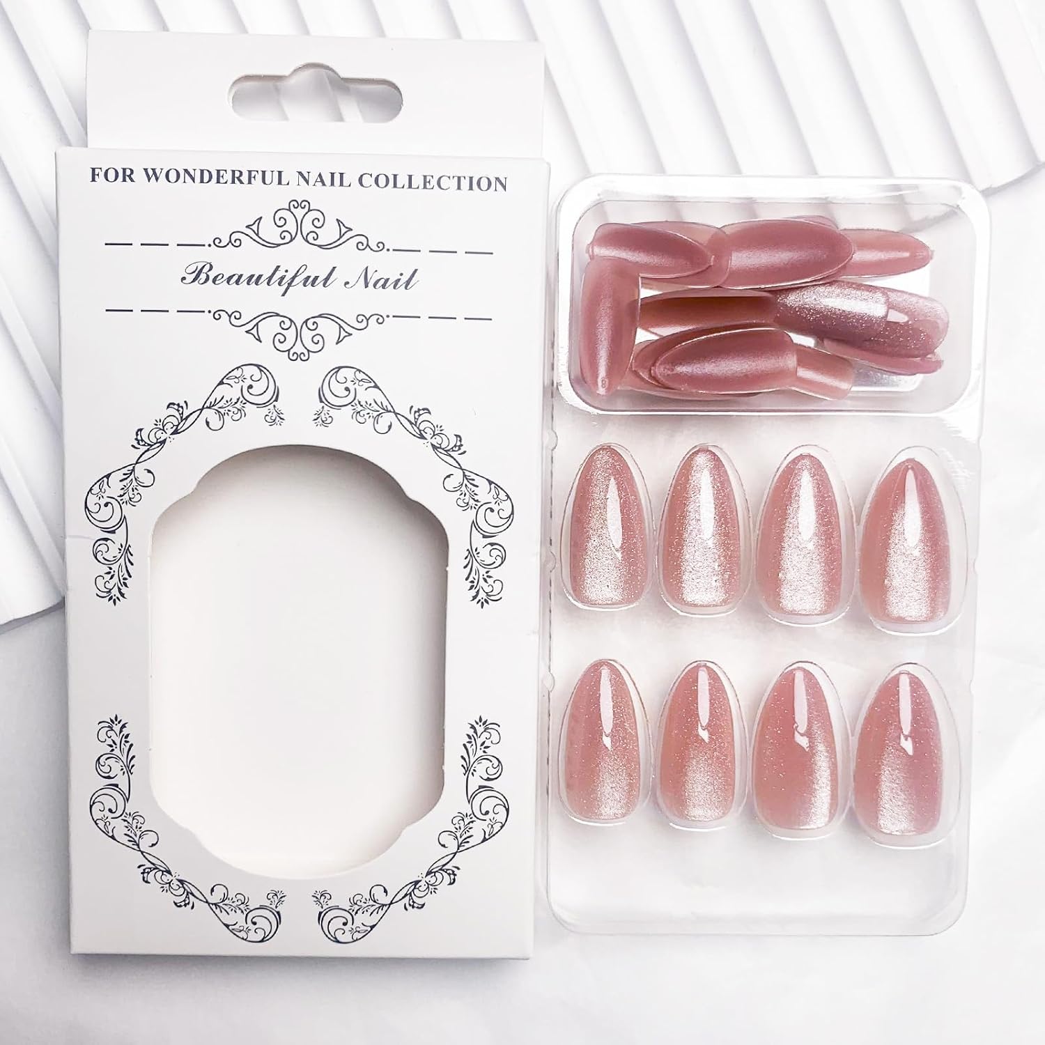 Glossy Pink Cat Eye Medium Almond Acrylic Press on Nails Full Cover 24 Piece Set - Image 6