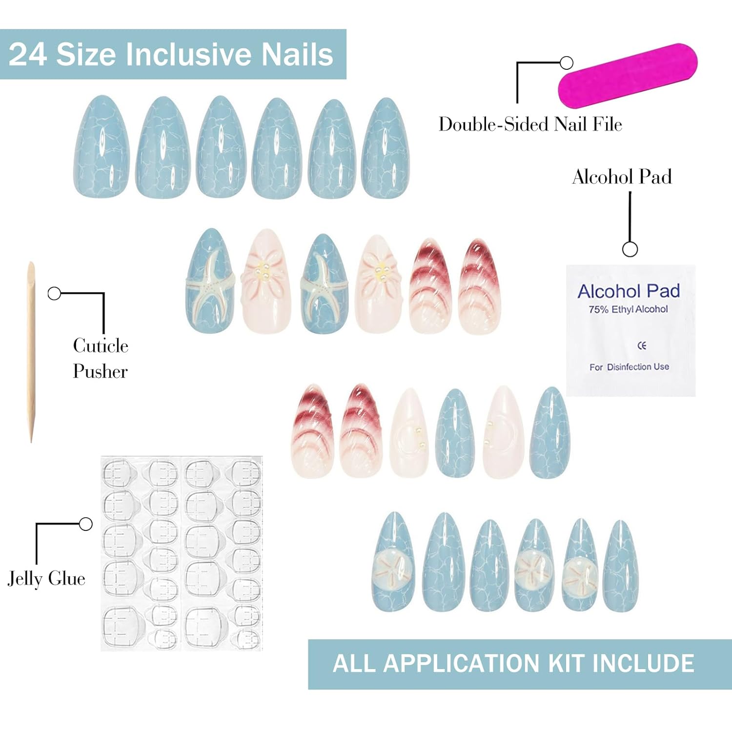 Handmade Medium Almond Nails 24 Pcs Ocean Design 3D Starfish Pearls - Image 3