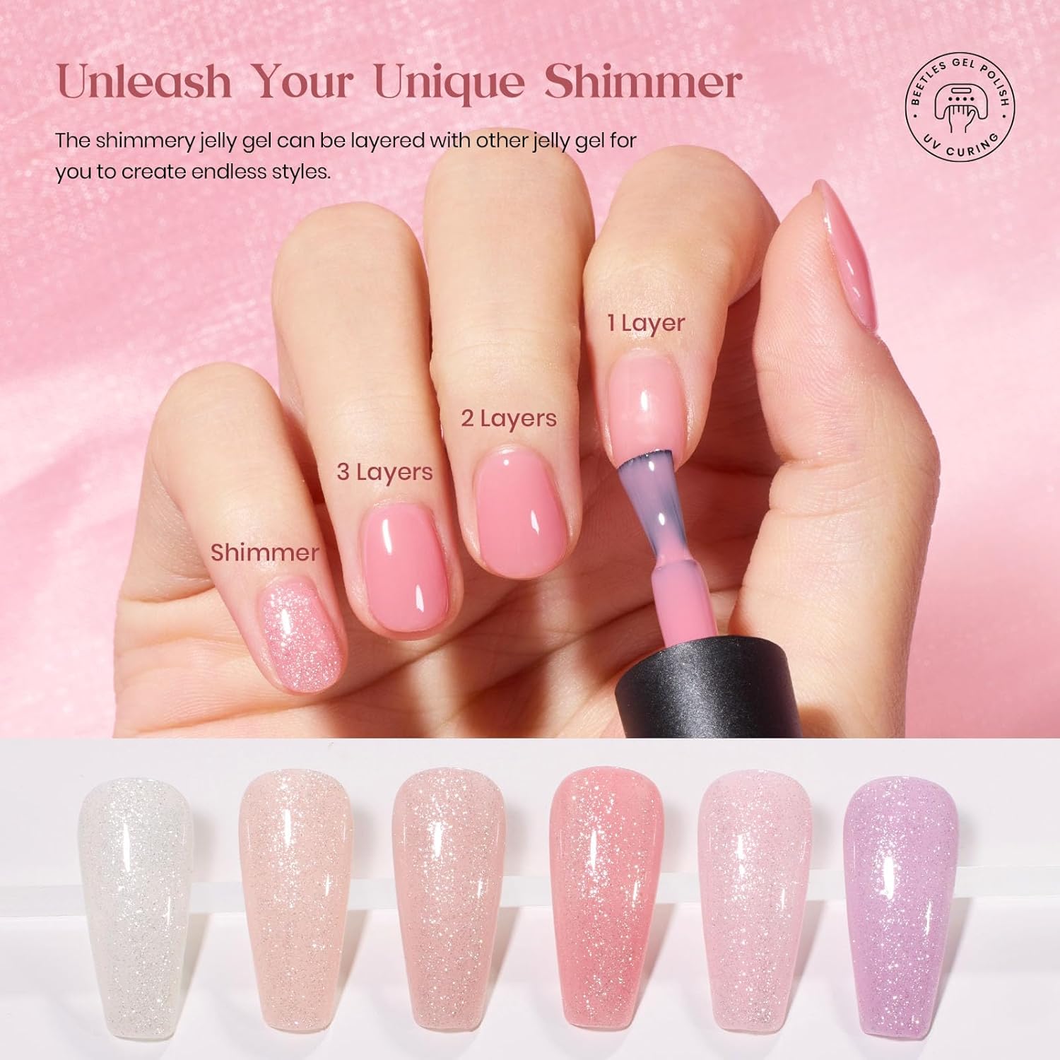 Beetles 25 Piece Pink Nude Gel Nail Polish Set 20 Colors with Base Top Coat - Image 5