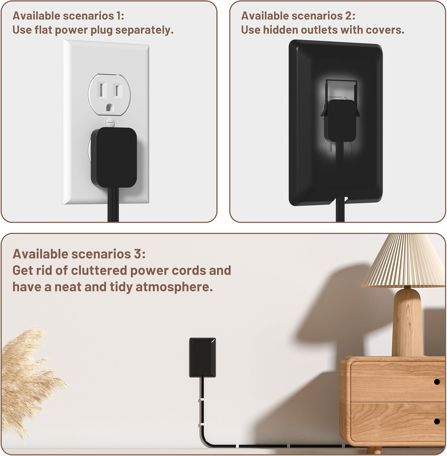 Flat Plug Extension Cord 3FT with Ultra Thin Outlet Concealer and 3 Outlet Power Strip in Black - Image 4