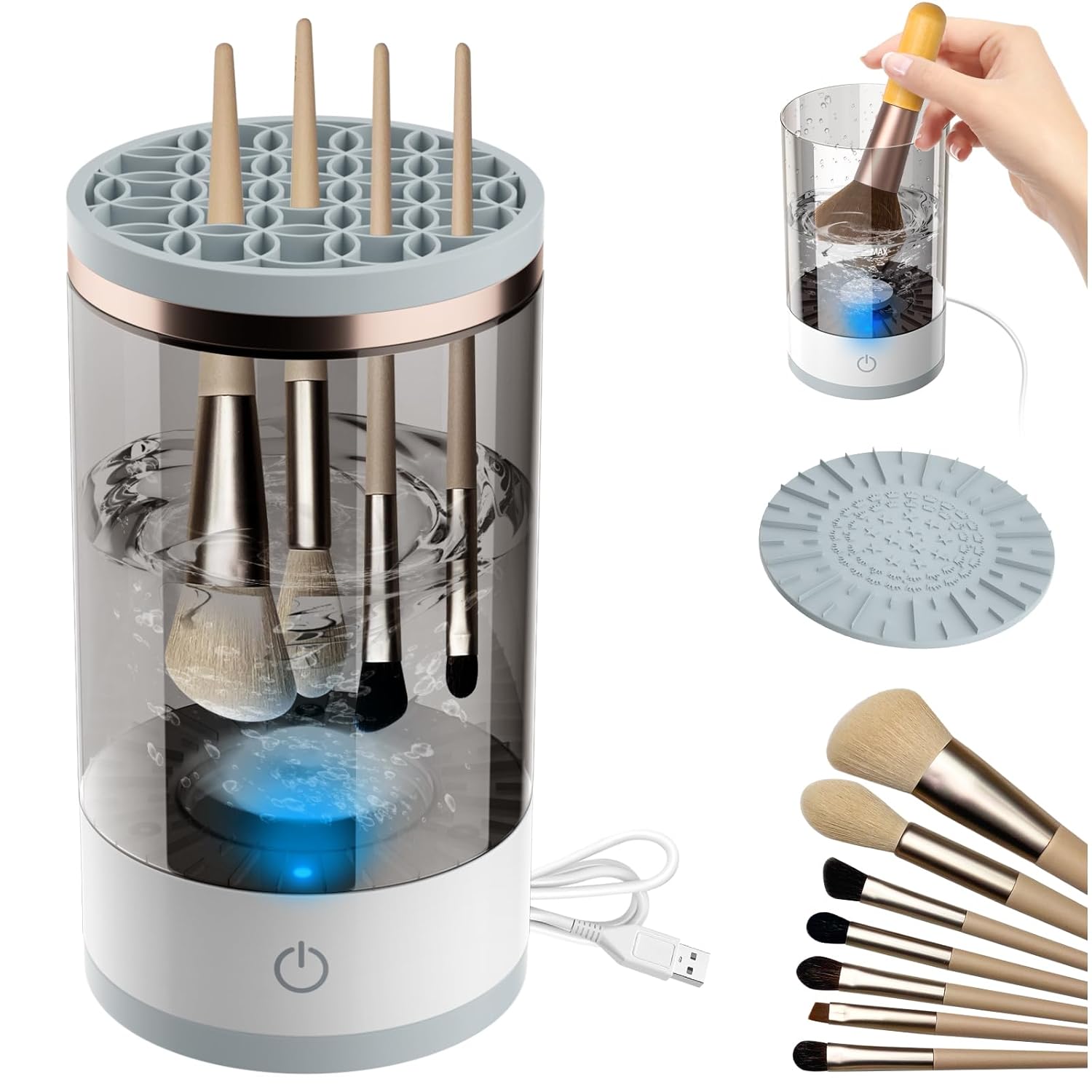 Electric Makeup Brush Cleaner, Cosmetic Brush Cleaner, Upgraded Electric Makeup Brush Cleaner with Brush Clean Mat, Automatic Spinning Makeup Brush Cleaner for All Size Makeup Brush